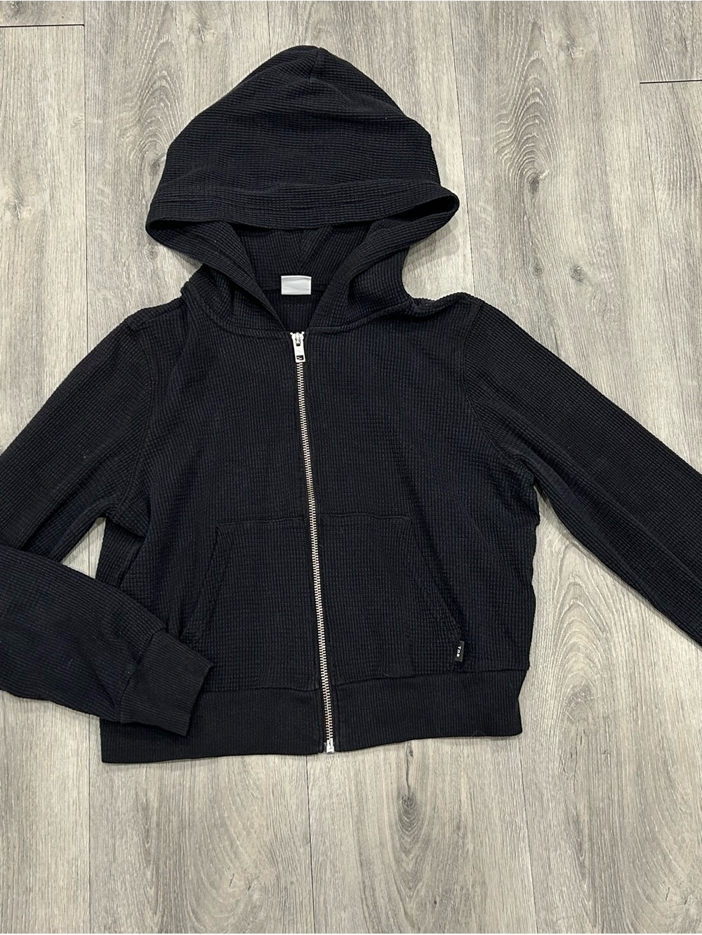 Aritzia Black Waffle-Knit Hooded Zip Jacket